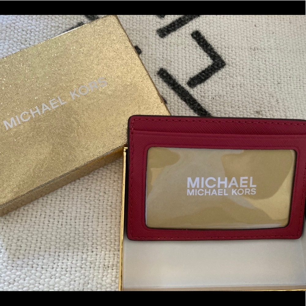 NWT Michael Kors Leather Card Holder in Lipstick